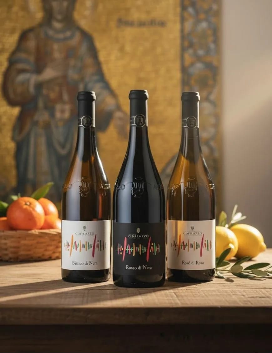 Bottiglie Bianco di Nera, Rosso di Nera e Rosé di Rosa delle Cantine Milazzo