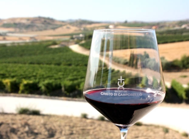 Calice di vino rosso del Cristo di Campobello davanti alle colline coltivate a vigneto