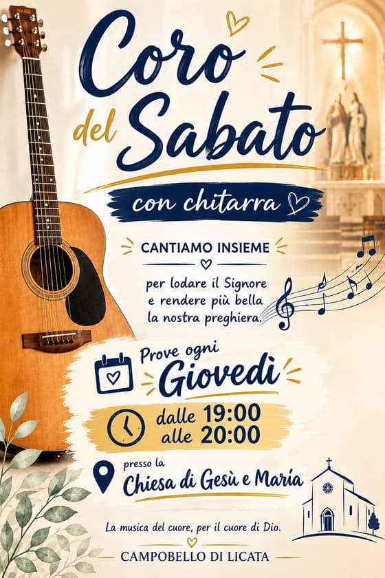Locandina: Coro del Sabato con chitarra, cantiamo insieme per lodare il Signore e rendere più bella la nostra preghiera. Prove ogni giovedì dalle 19:00 alle 20:00 presso la Chiesa di Gesù e Maria, Campobello di Licata