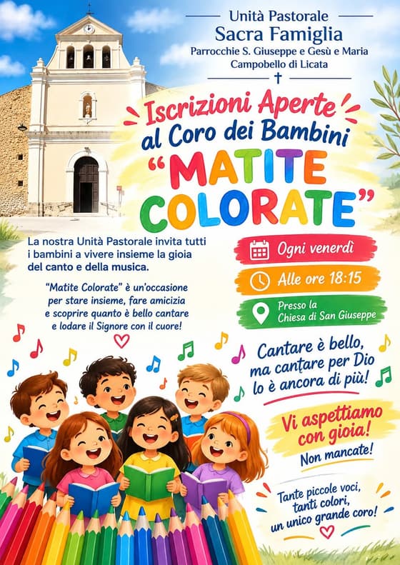 Locandina: iscrizioni aperte al coro dei bambini «Matite Colorate», ogni venerdì alle 18:15 nella Chiesa di San Giuseppe